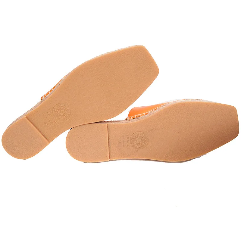 37 & 38 NEW $495 VERSACE Orange Leather LA MEDUSA LOGO Espadrille SUMMER FLATS MULES