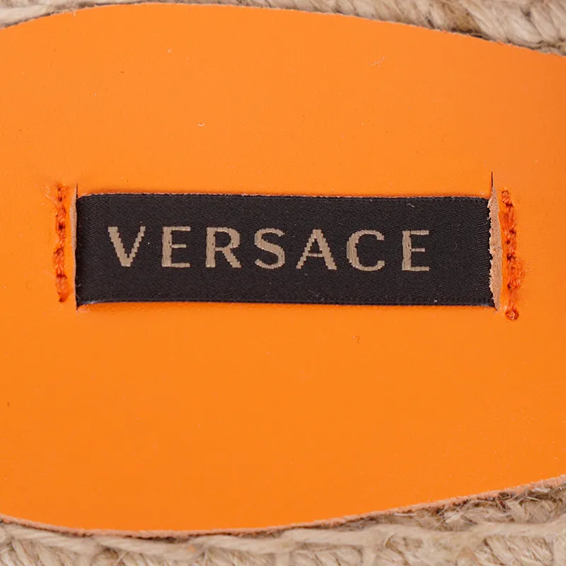 37 & 38 NEW $495 VERSACE Orange Leather LA MEDUSA LOGO Espadrille SUMMER FLATS MULES