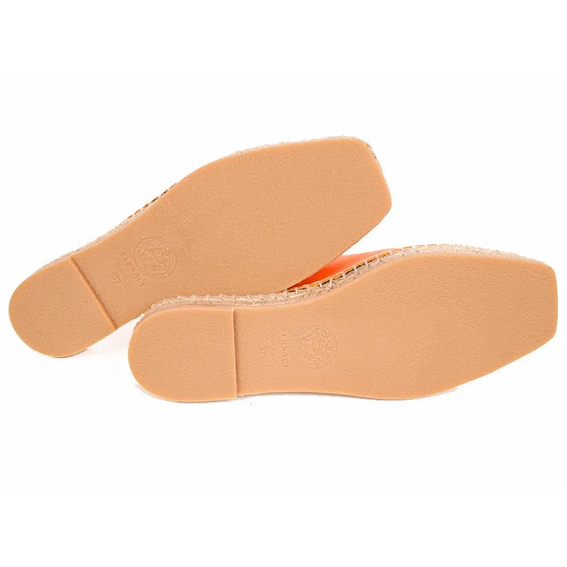 37 & 38 NEW $495 VERSACE Orange Leather LA MEDUSA LOGO Espadrille SUMMER FLATS MULES