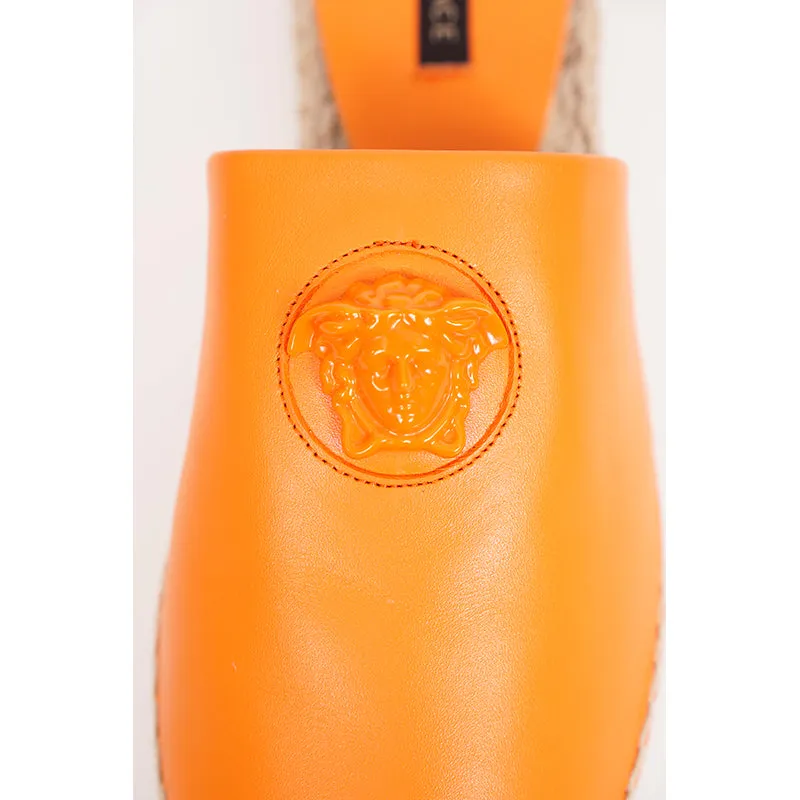 37 & 38 NEW $495 VERSACE Orange Leather LA MEDUSA LOGO Espadrille SUMMER FLATS MULES