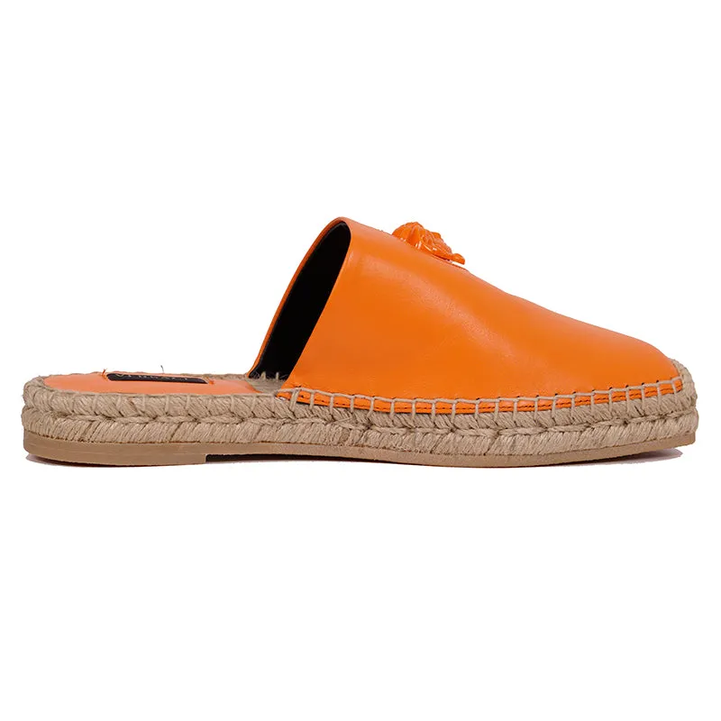 37 & 38 NEW $495 VERSACE Orange Leather LA MEDUSA LOGO Espadrille SUMMER FLATS MULES