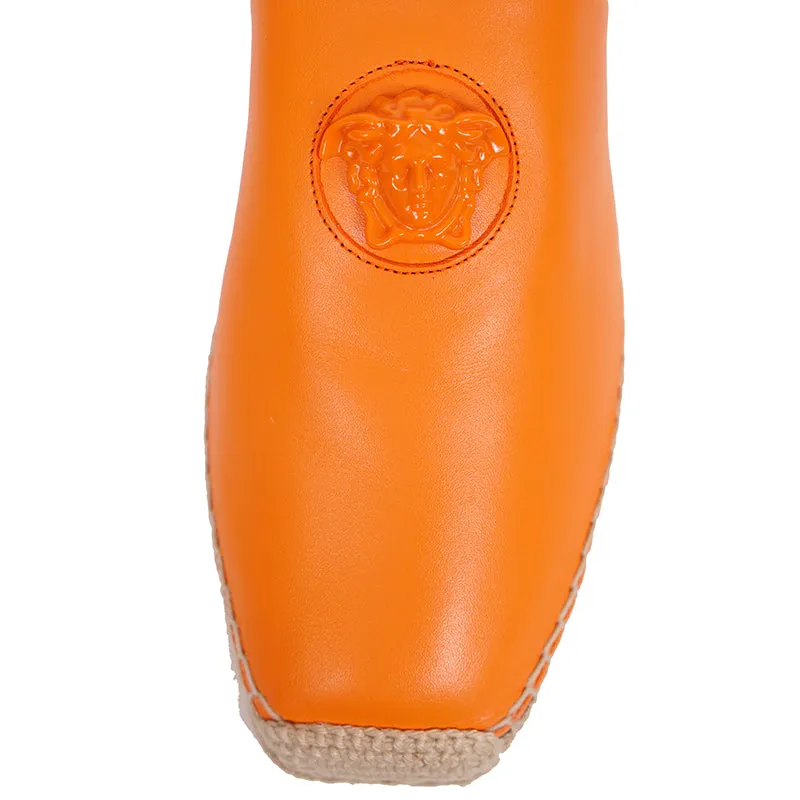 37 & 38 NEW $495 VERSACE Orange Leather LA MEDUSA LOGO Espadrille SUMMER FLATS MULES
