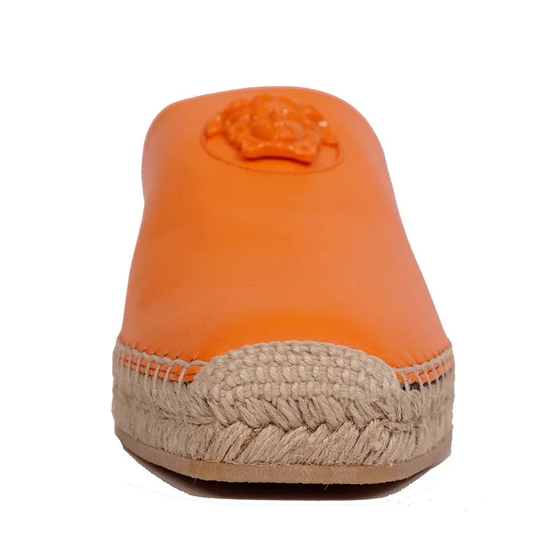 37 & 38 NEW $495 VERSACE Orange Leather LA MEDUSA LOGO Espadrille SUMMER FLATS MULES