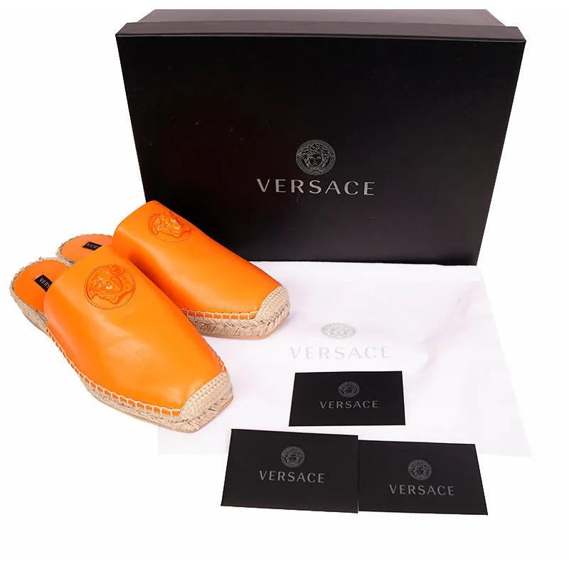 37 & 38 NEW $495 VERSACE Orange Leather LA MEDUSA LOGO Espadrille SUMMER FLATS MULES
