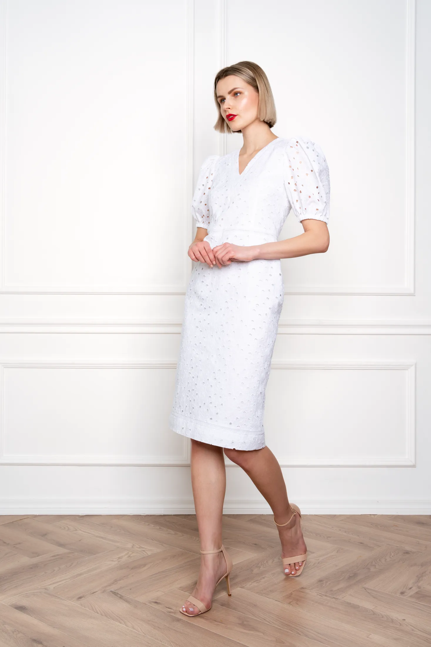 AFZELIA WHITE FLORAL BRODERIE ANGLAISE COTTON-POPLIN PENCIL DRESS