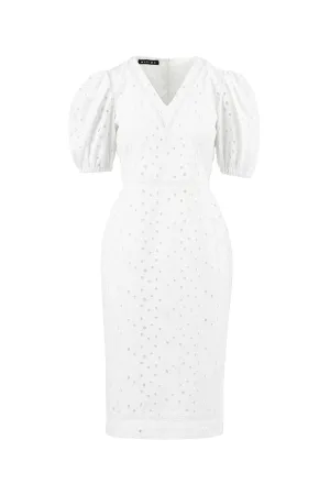 AFZELIA WHITE FLORAL BRODERIE ANGLAISE COTTON-POPLIN PENCIL DRESS