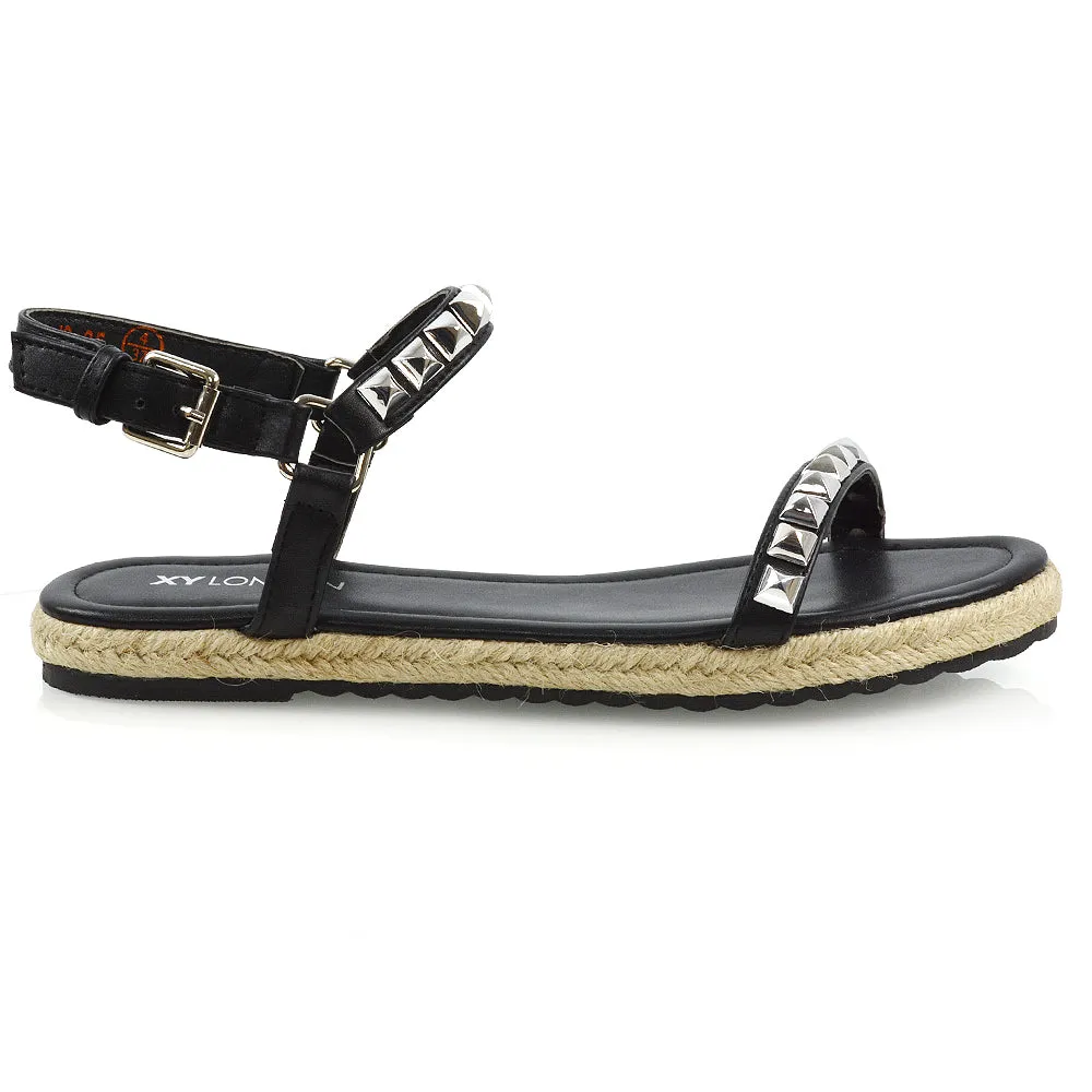 Ashden Studded Flat Cork Sole Summer Sandals With Ankle Strap in Black
