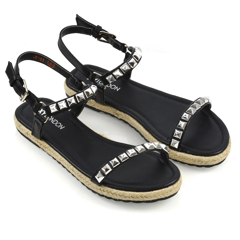 Ashden Studded Flat Cork Sole Summer Sandals With Ankle Strap in Black