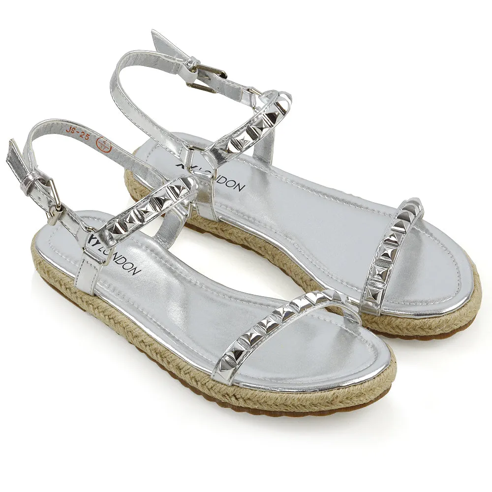 Ashden Studded Flat Cork Sole Summer Sandals With Ankle Strap in Silver