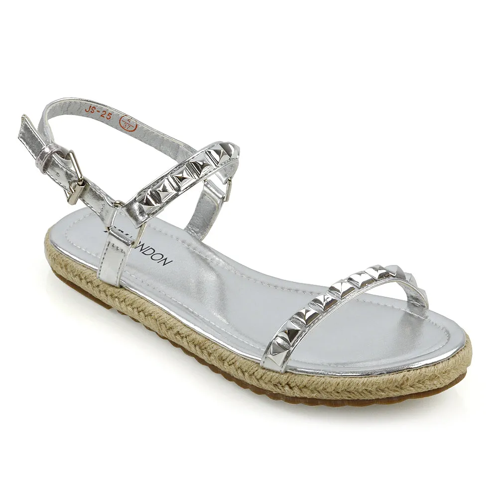 Ashden Studded Flat Cork Sole Summer Sandals With Ankle Strap in Silver
