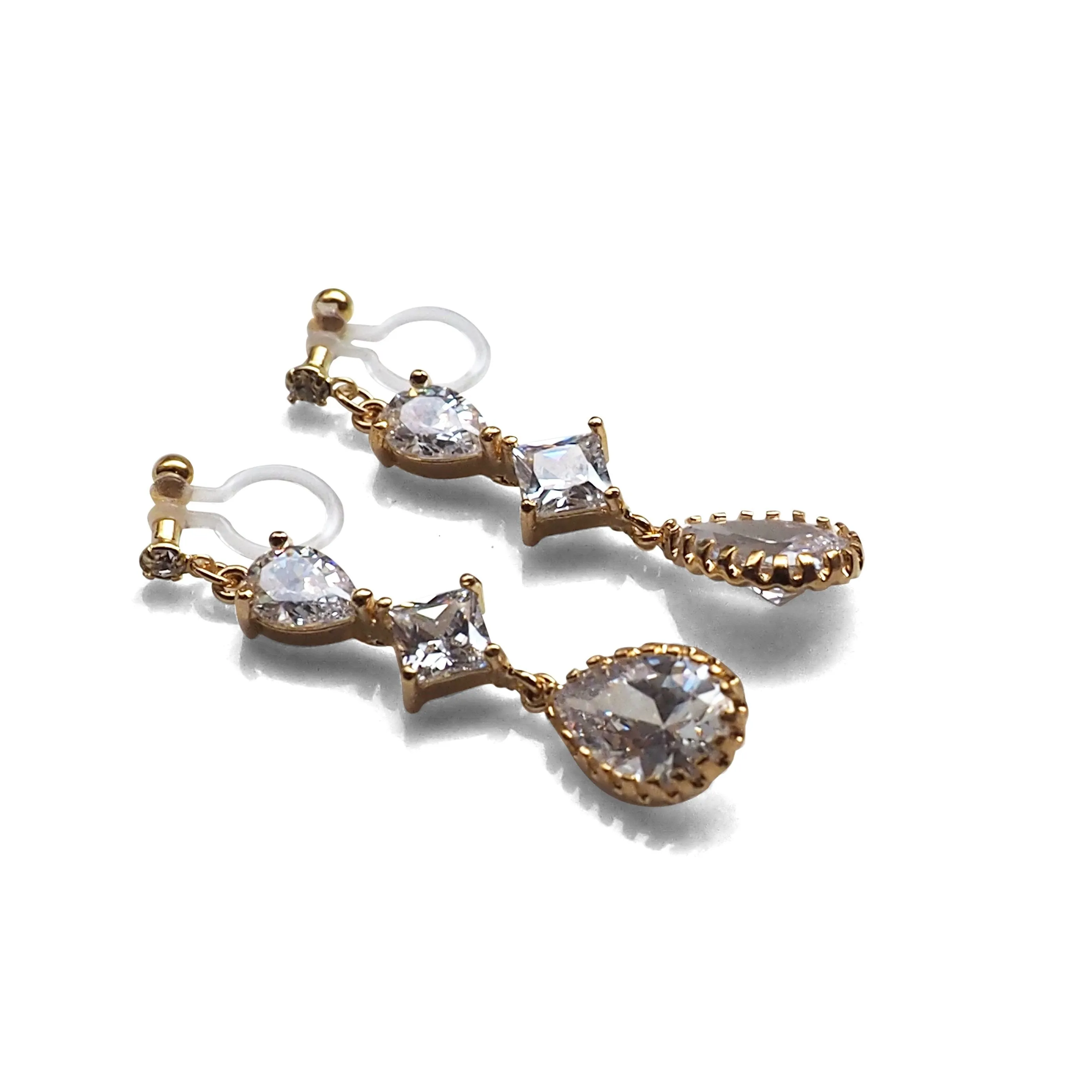 Bridal drop cubic zirconia invisible clip on earrrings (Gold tone)