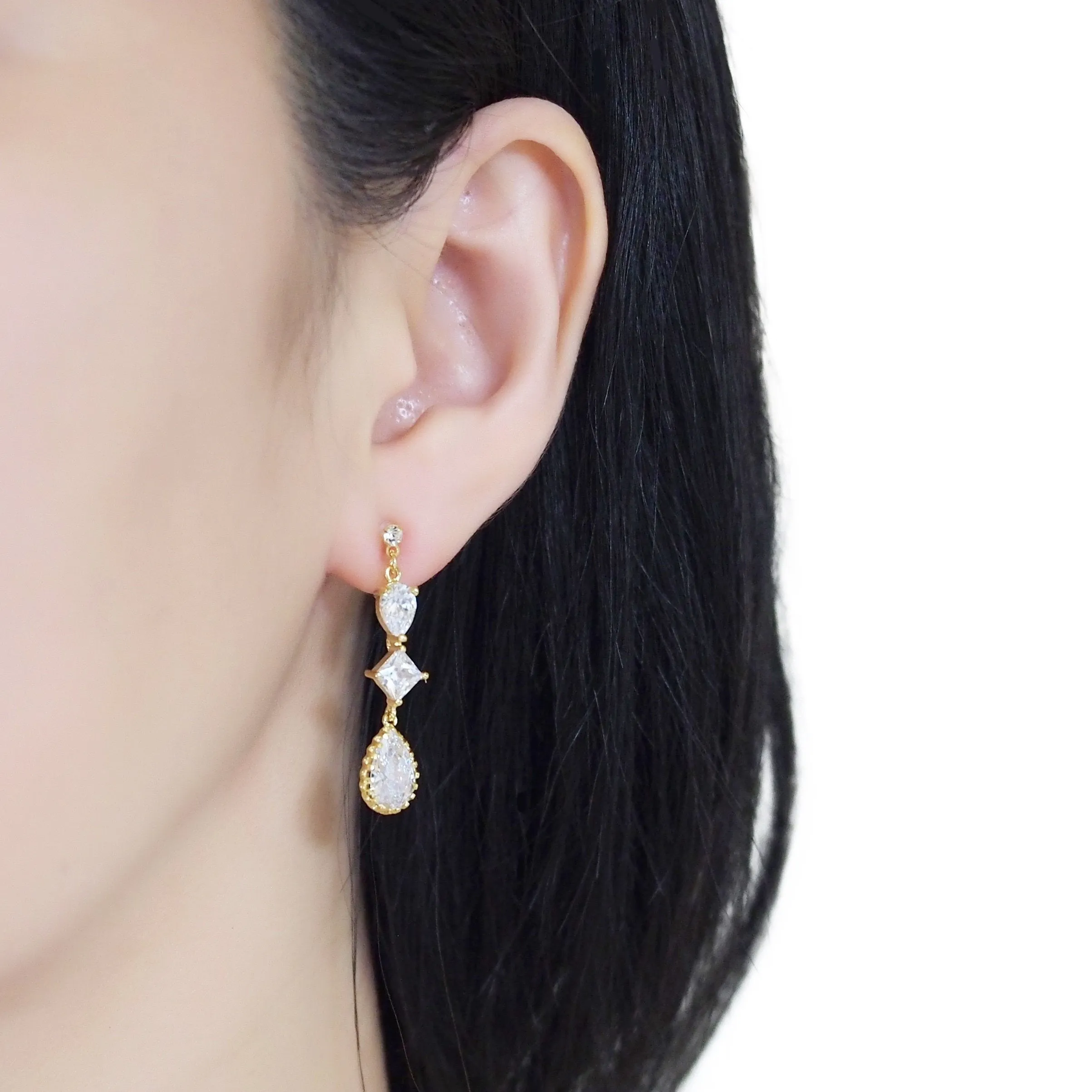 Bridal drop cubic zirconia invisible clip on earrrings (Gold tone)
