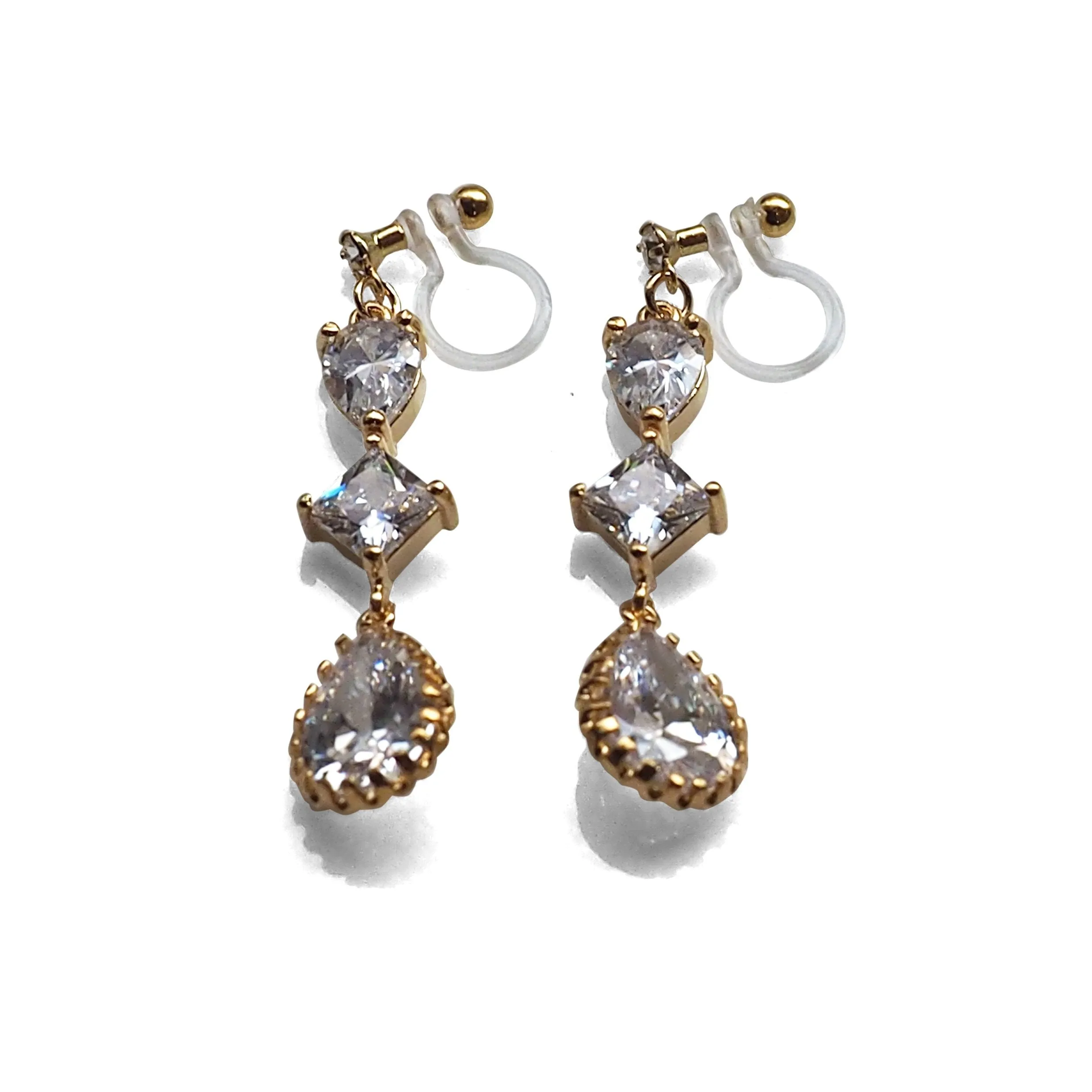 Bridal drop cubic zirconia invisible clip on earrrings (Gold tone)
