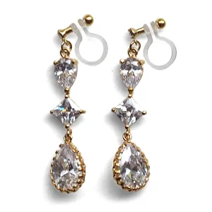 Bridal drop cubic zirconia invisible clip on earrrings (Gold tone)
