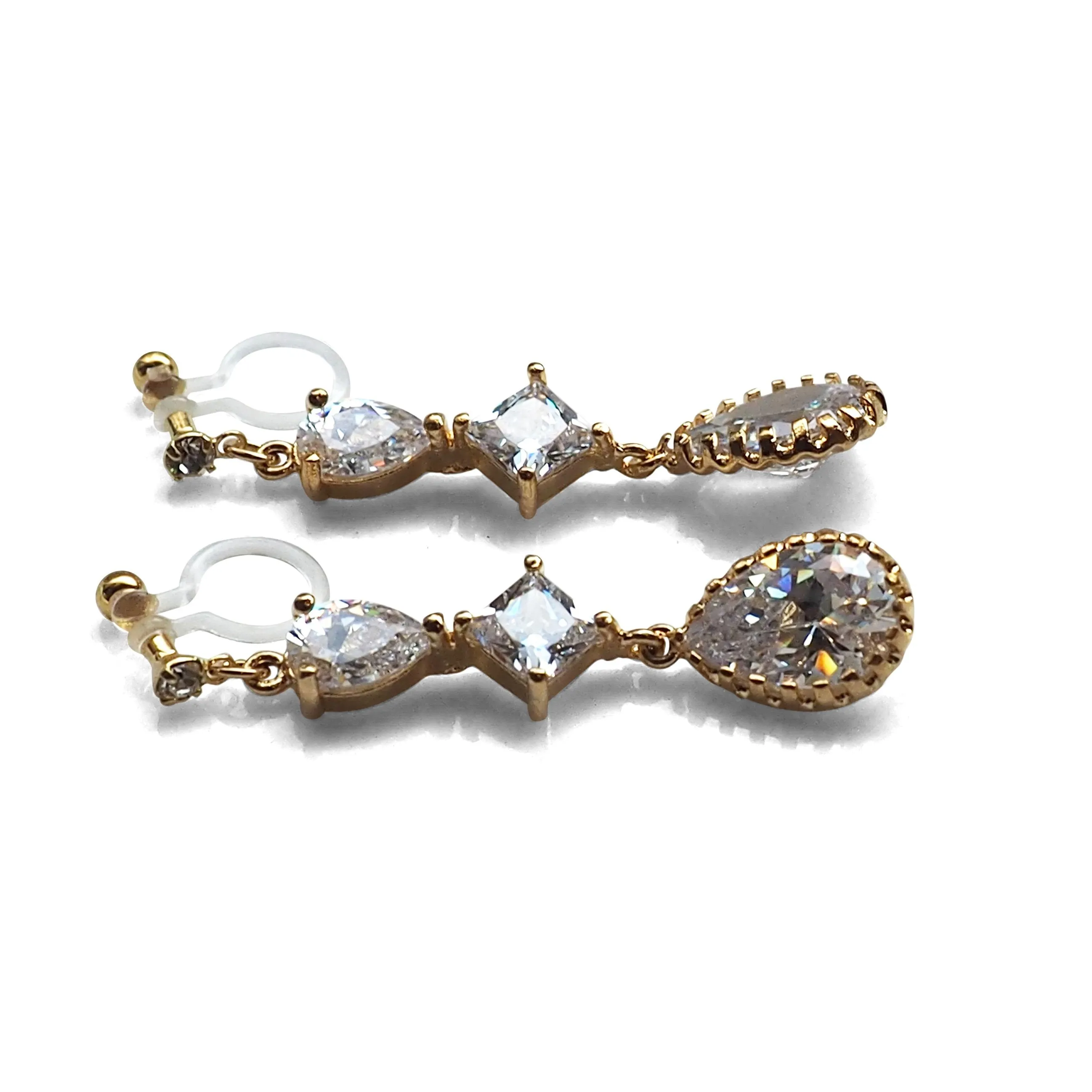 Bridal drop cubic zirconia invisible clip on earrrings (Gold tone)