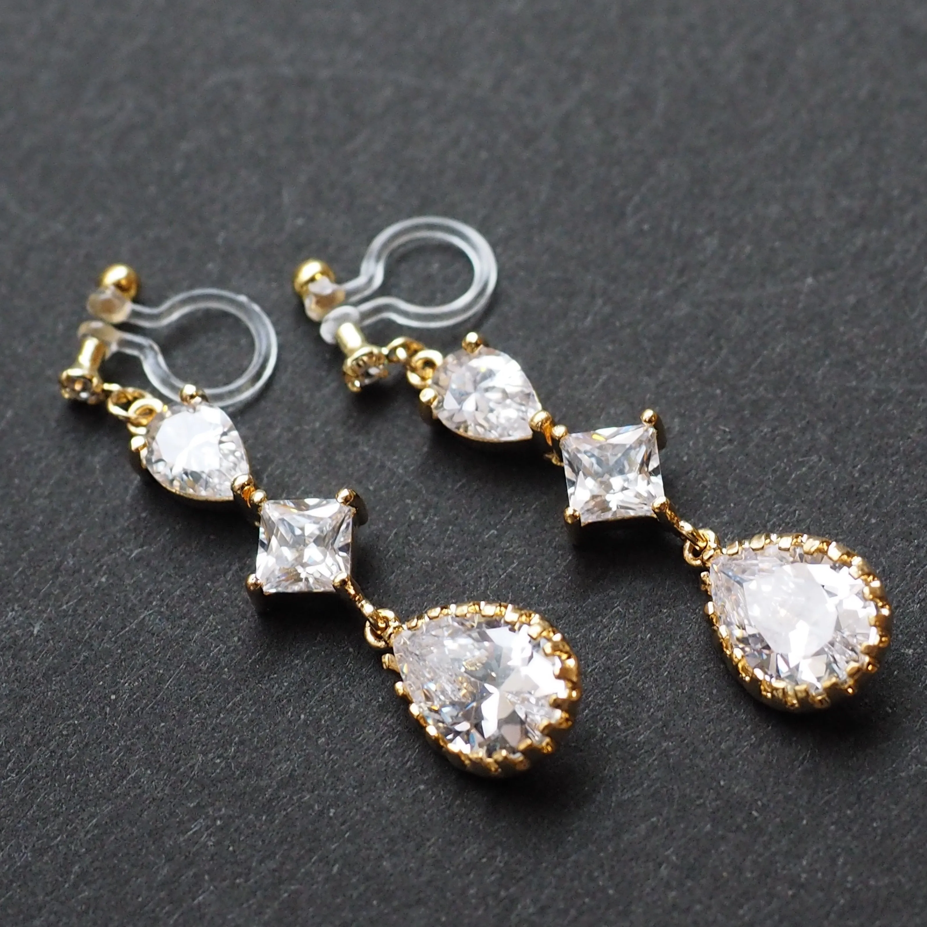 Bridal drop cubic zirconia invisible clip on earrrings (Gold tone)