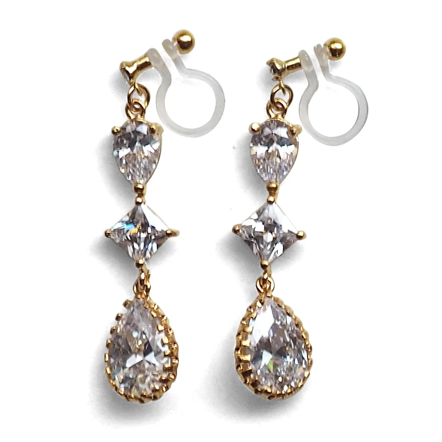 Bridal drop cubic zirconia invisible clip on earrrings (Gold tone)