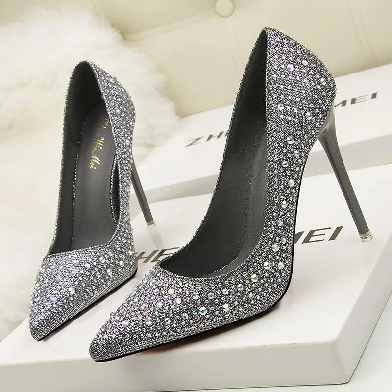 Chicvane Womens Shine Rhinestones Pointed Toe Stiletto Heel Bridal Pumps