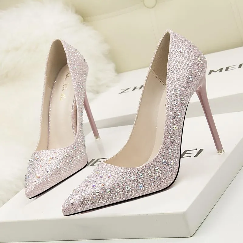 Chicvane Womens Shine Rhinestones Pointed Toe Stiletto Heel Bridal Pumps