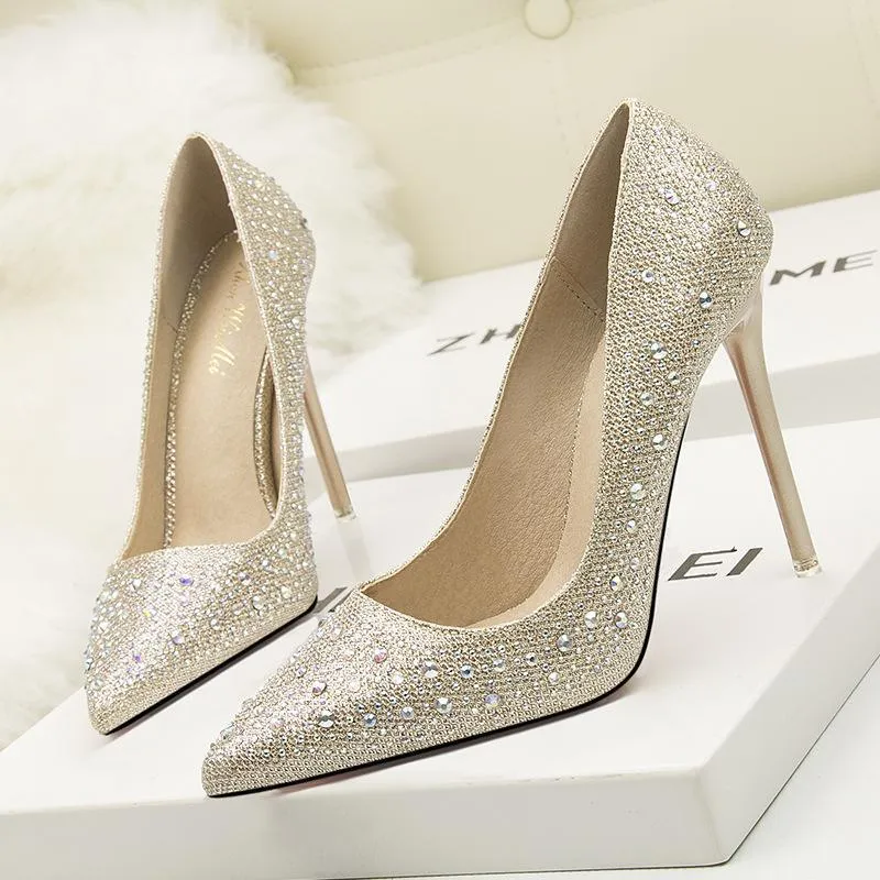 Chicvane Womens Shine Rhinestones Pointed Toe Stiletto Heel Bridal Pumps