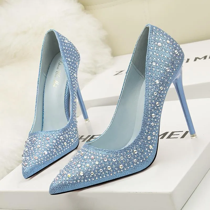 Chicvane Womens Shine Rhinestones Pointed Toe Stiletto Heel Bridal Pumps