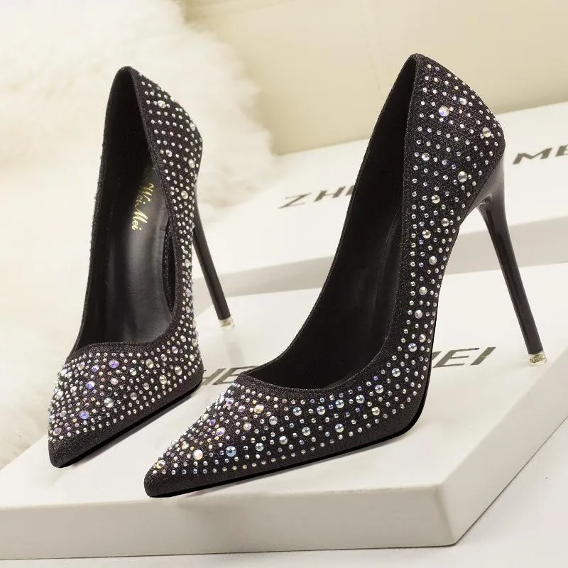 Chicvane Womens Shine Rhinestones Pointed Toe Stiletto Heel Bridal Pumps