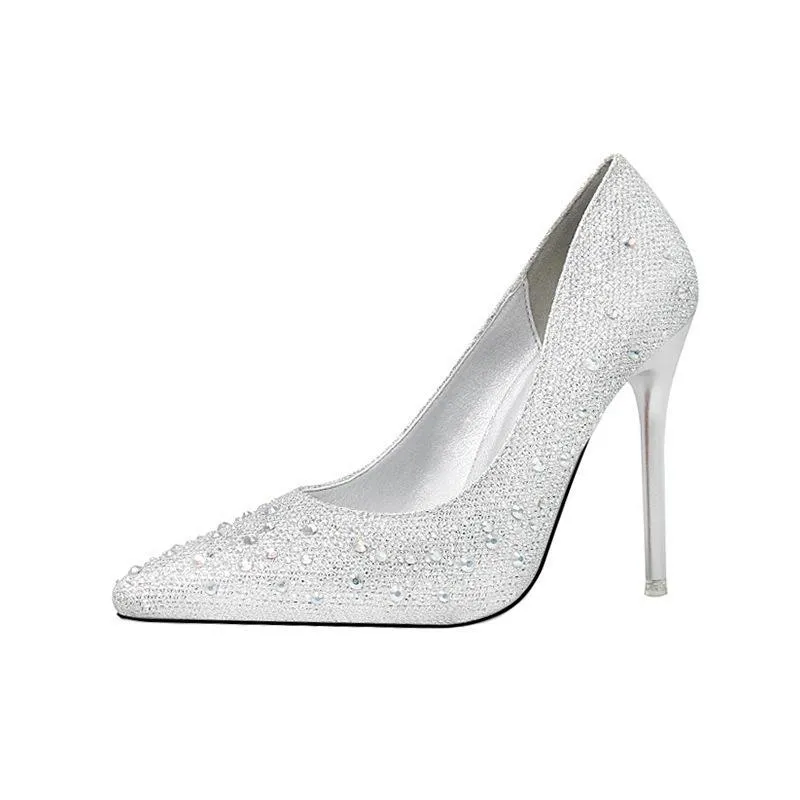 Chicvane Womens Shine Rhinestones Pointed Toe Stiletto Heel Bridal Pumps