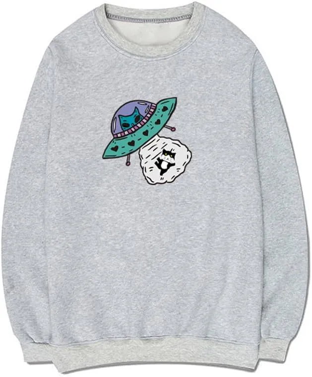 CORIRESHA Alien Spaceship Abduction Cat Funny Unisex Space Pullover Sweatshirt