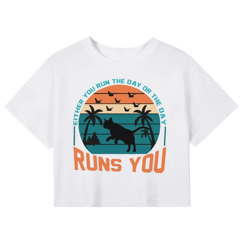 CORIRESHA Women's Fashion Cat Seagull Graphic Short Sleeve Crew Neck Cotton Crop T-Shirt