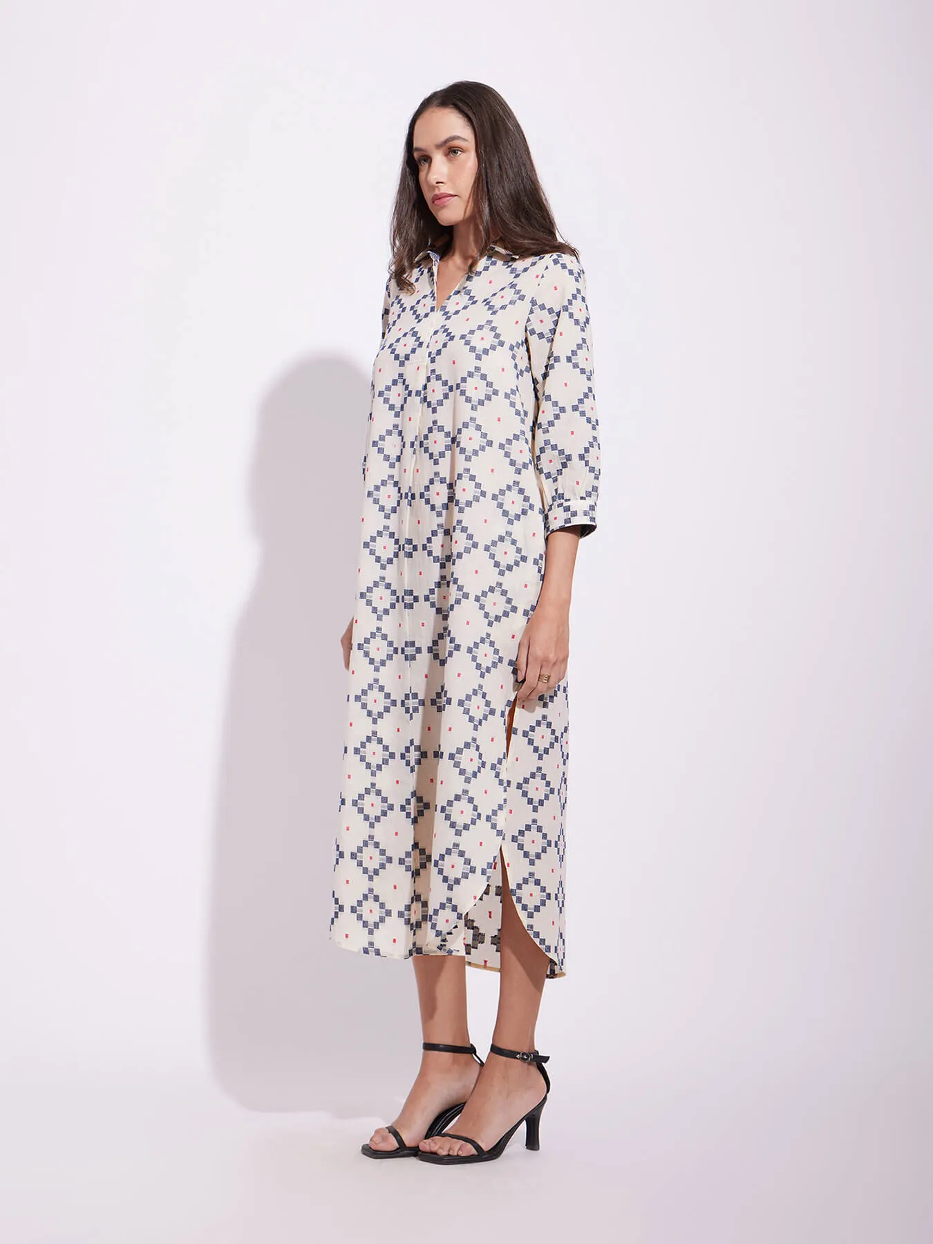 Cotton Checked Shirt Dress - Off-White & Blue