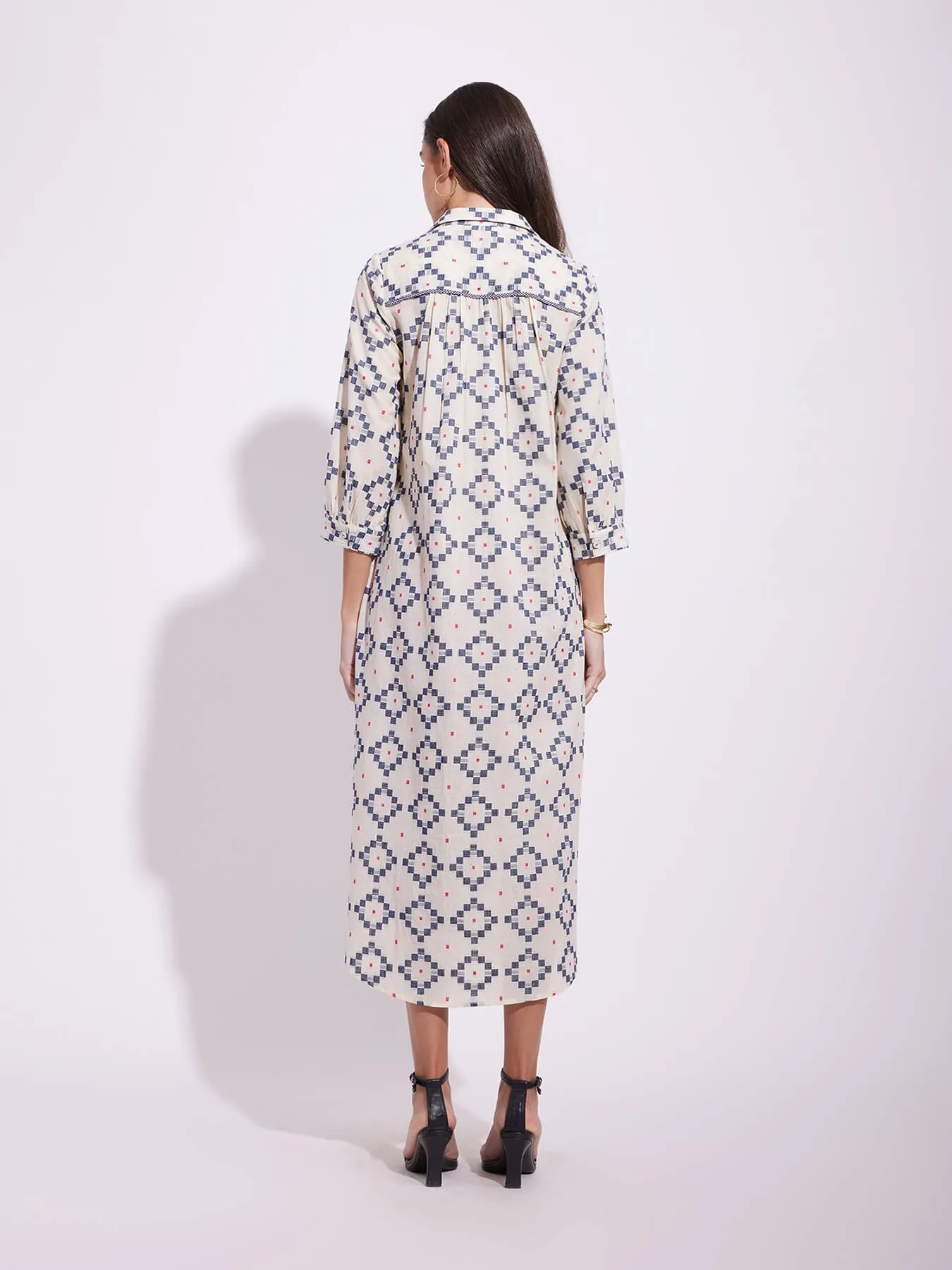 Cotton Checked Shirt Dress - Off-White & Blue