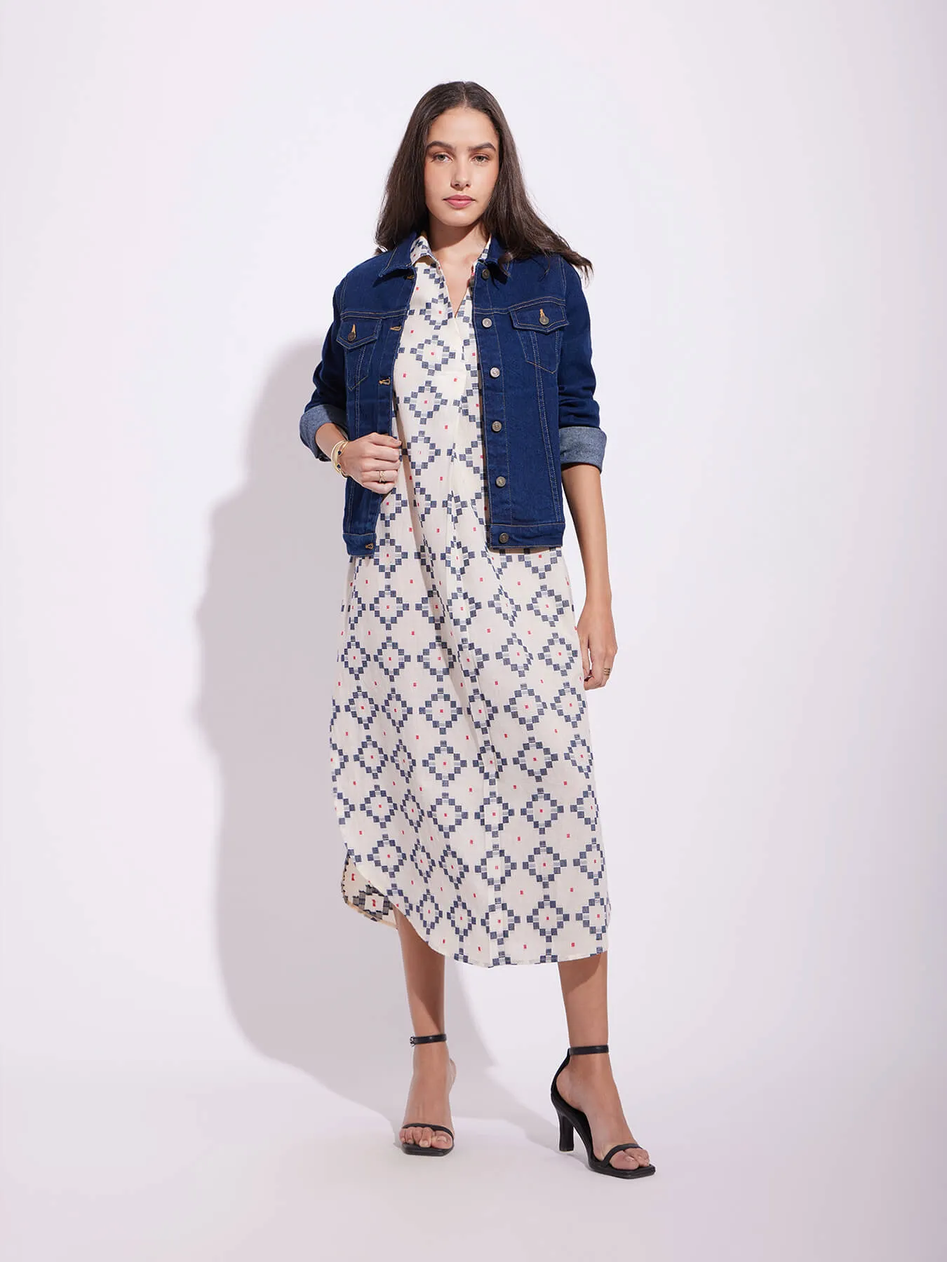 Cotton Checked Shirt Dress - Off-White & Blue
