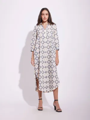 Cotton Checked Shirt Dress - Off-White & Blue