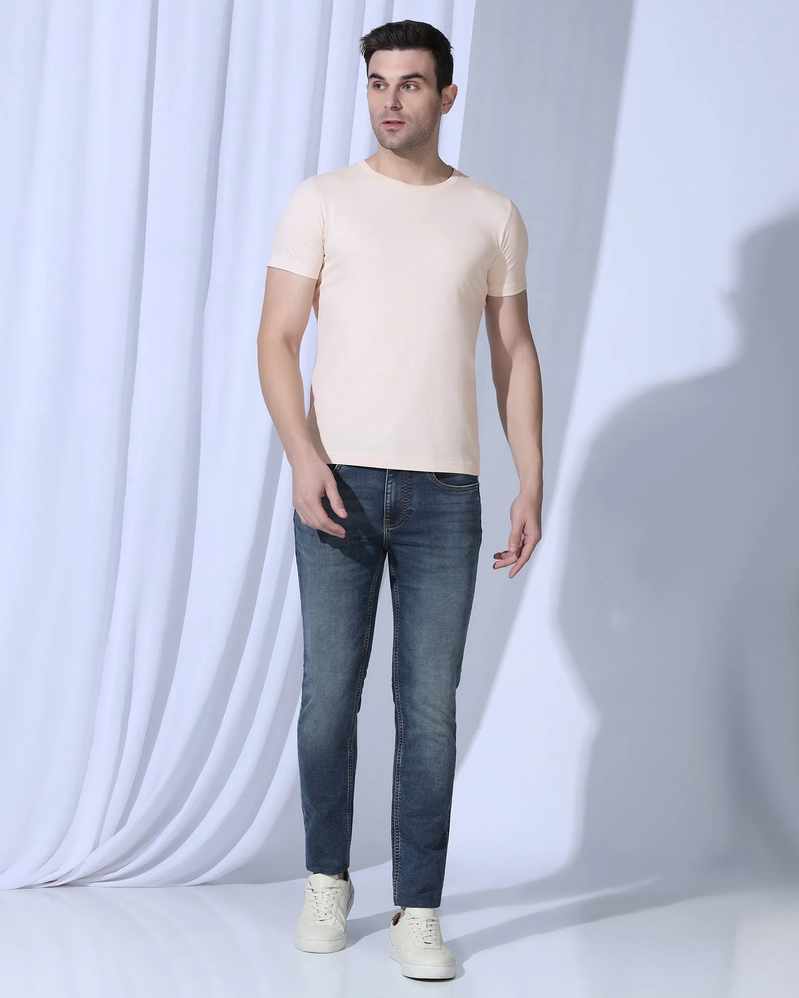 Crew Neck Pink Textured T-Shirt - Corn