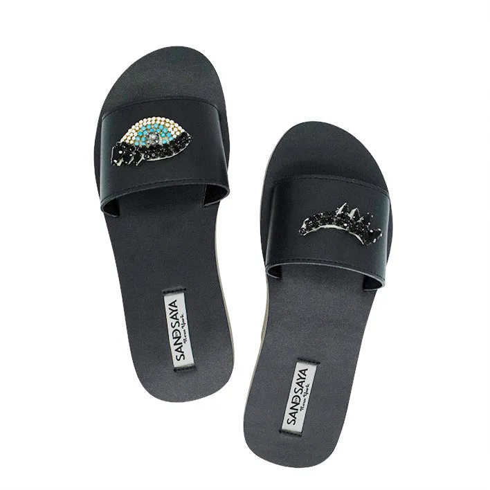 Eyes- Waterproof Espadrille Flat Black and Blue Rhine Stone Beads Embellished
