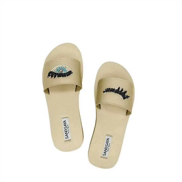 Eyes- Waterproof Espadrille Flat Black and Blue Rhine Stone Beads Embellished