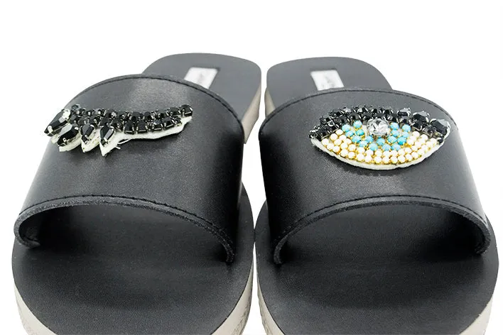 Eyes- Waterproof Espadrille Flat Black and Blue Rhine Stone Beads Embellished