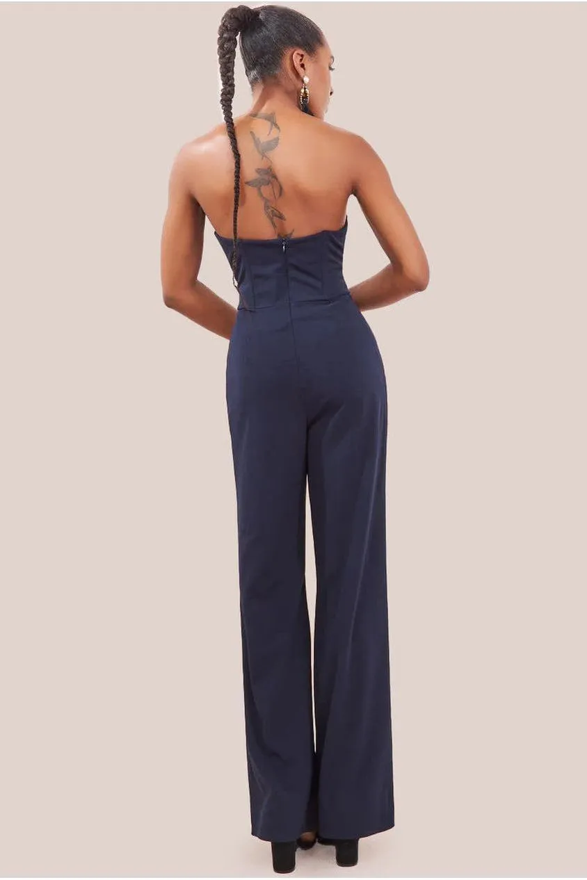 Goddiva Satin Collar Scuba Jumpsuit - Navy