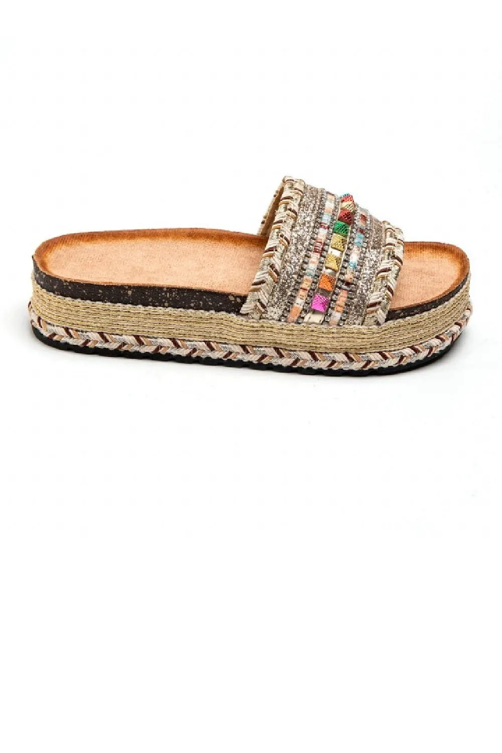 GOLD BRAIDED FLATFORM MULTI COLOUR STUDS SLIP ON SUMMER SANDALS