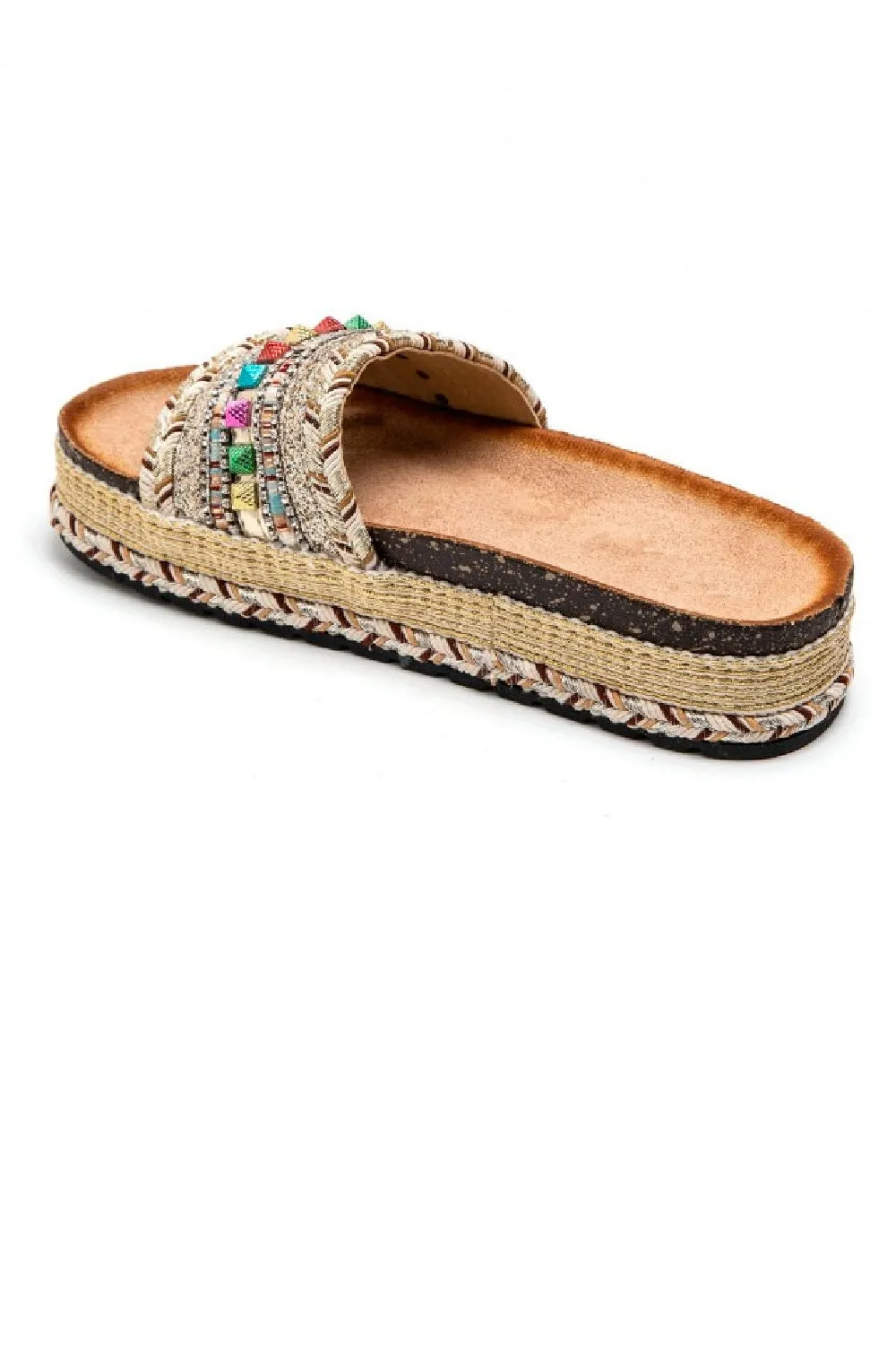 GOLD BRAIDED FLATFORM MULTI COLOUR STUDS SLIP ON SUMMER SANDALS