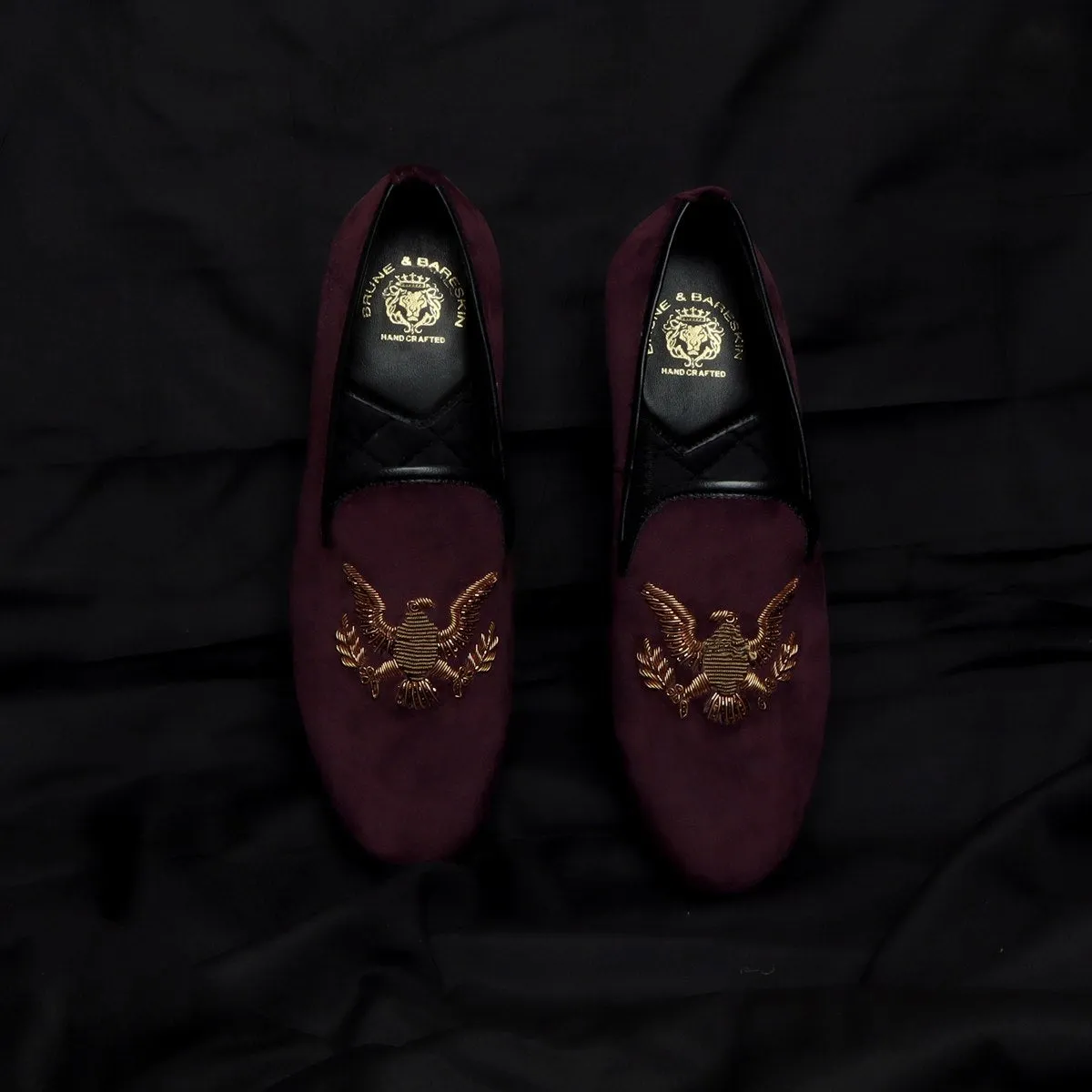 Handmade Eagle Zardosi Slip-On Shoes in Purple Italian Velvet By Brune & Bareskin
