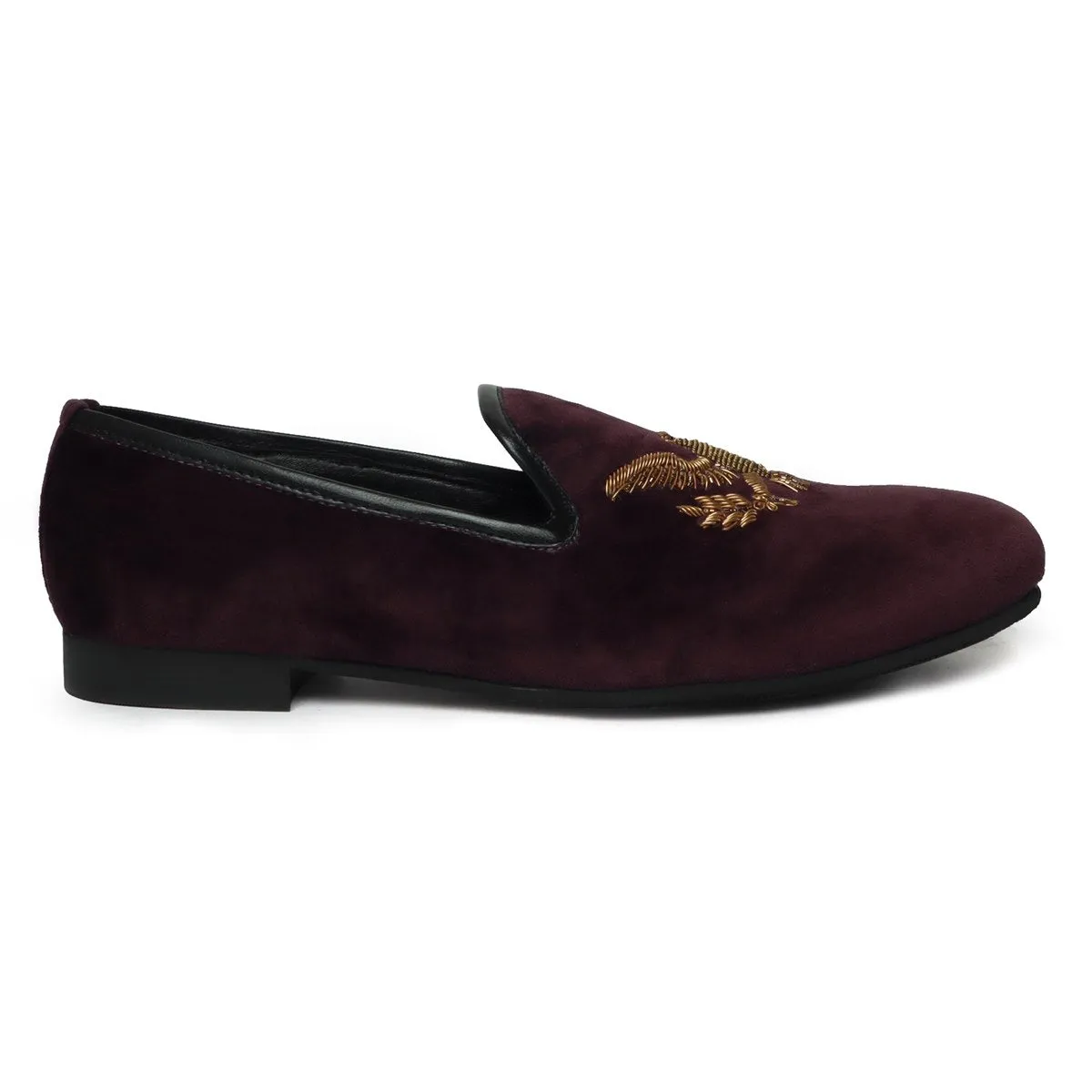 Handmade Eagle Zardosi Slip-On Shoes in Purple Italian Velvet By Brune & Bareskin