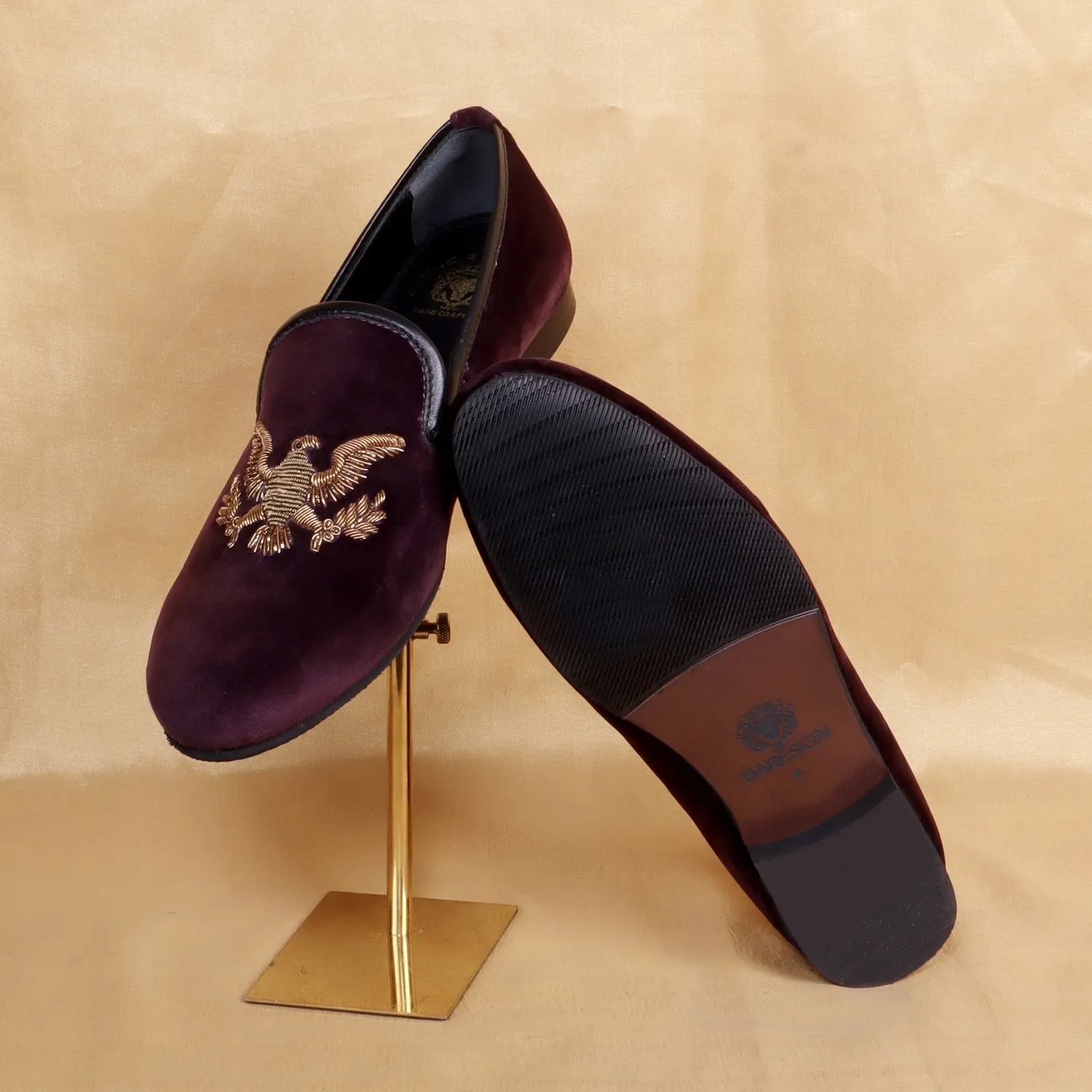 Handmade Eagle Zardosi Slip-On Shoes in Purple Italian Velvet By Brune & Bareskin