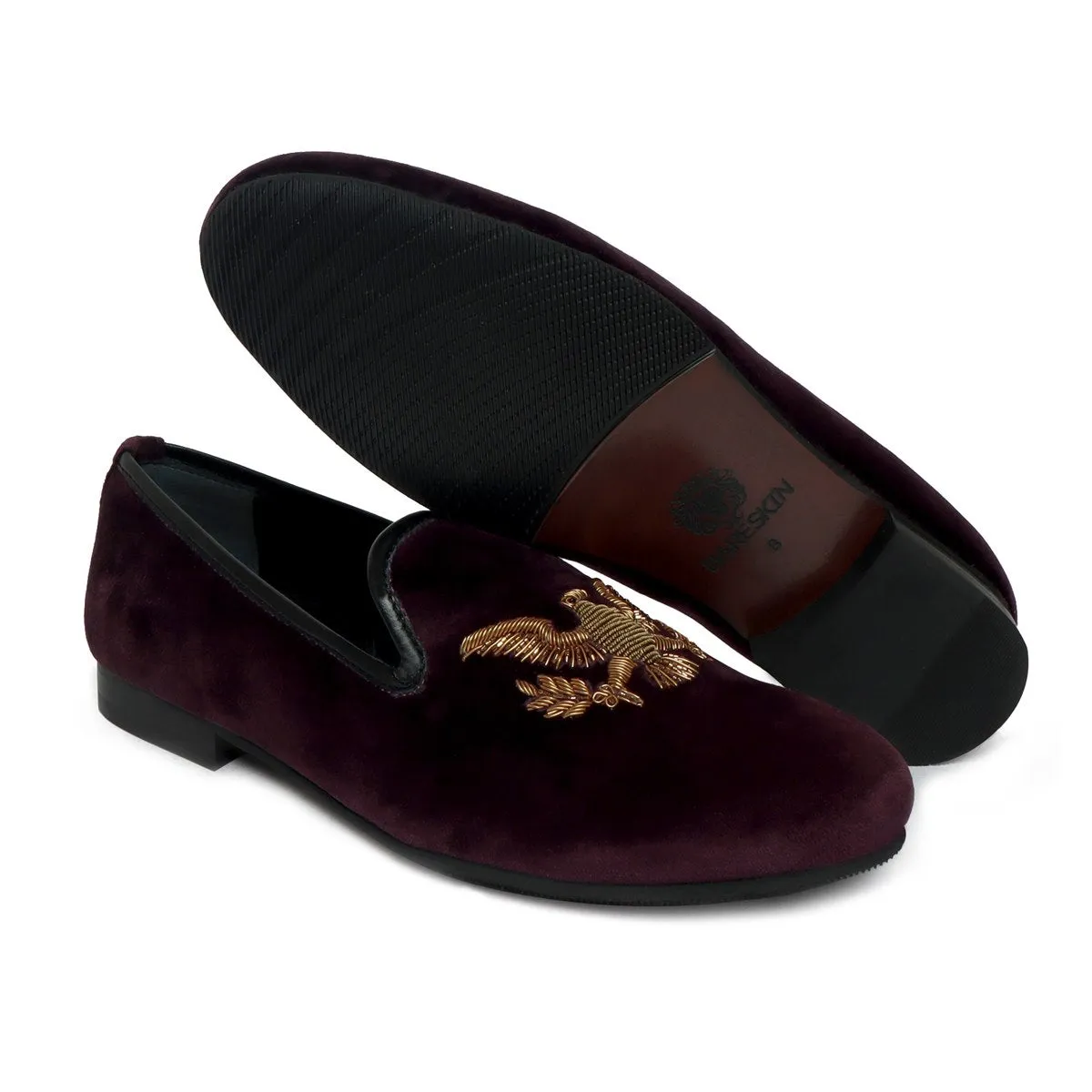 Handmade Eagle Zardosi Slip-On Shoes in Purple Italian Velvet By Brune & Bareskin