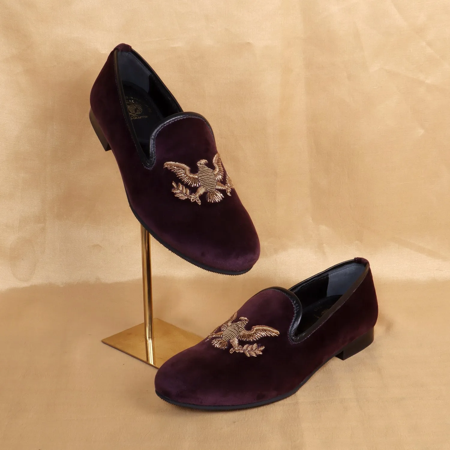 Handmade Eagle Zardosi Slip-On Shoes in Purple Italian Velvet By Brune & Bareskin