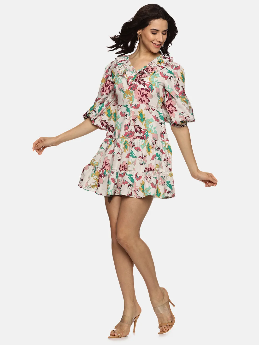 IS.U Floral Multicolor Puff Sleeve Mini Dress