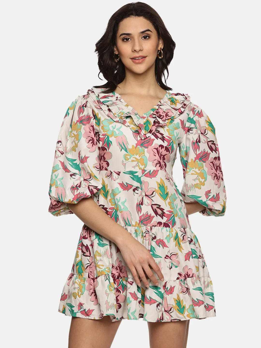 IS.U Floral Multicolor Puff Sleeve Mini Dress