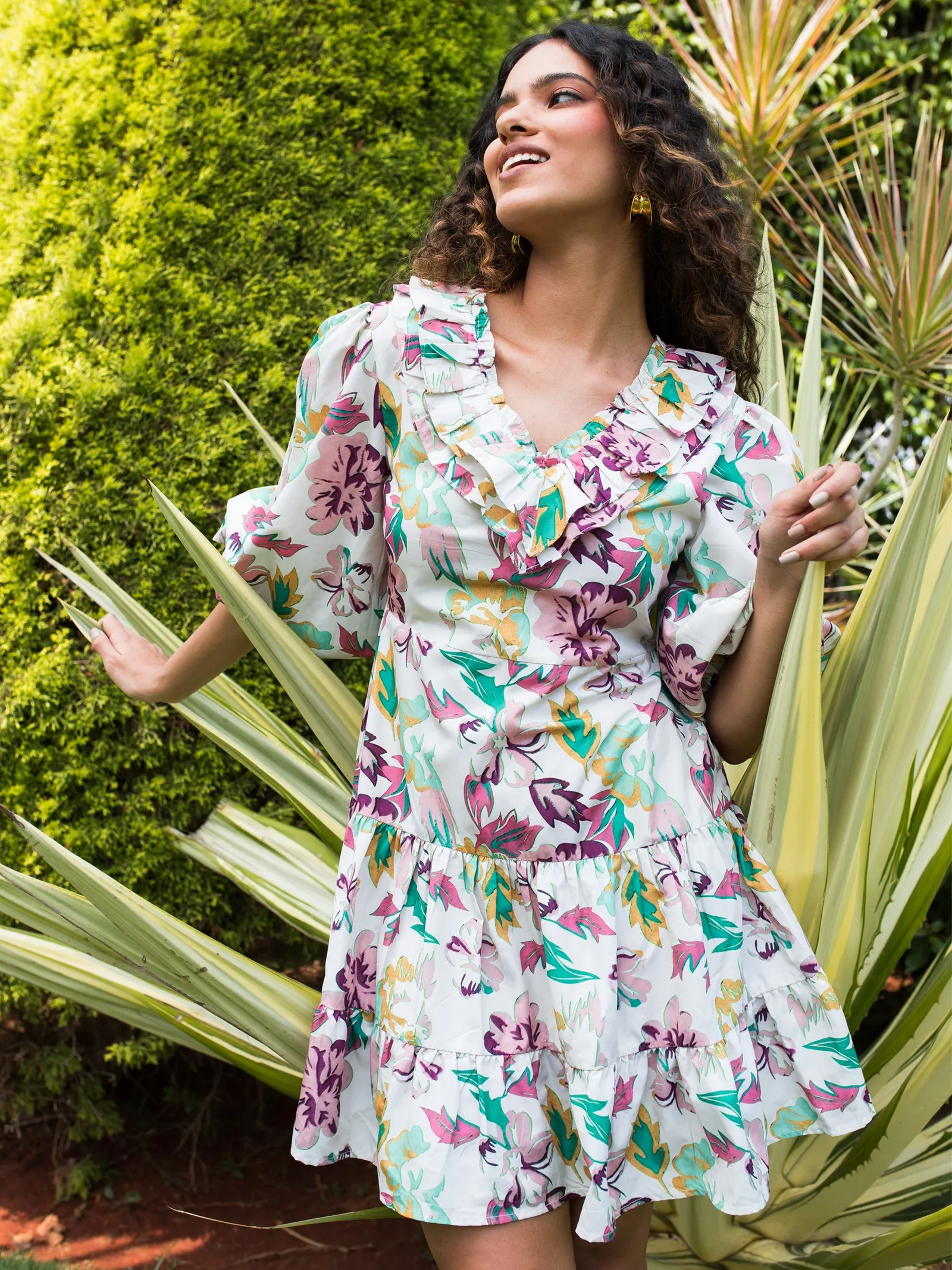 IS.U Floral Multicolor Puff Sleeve Mini Dress