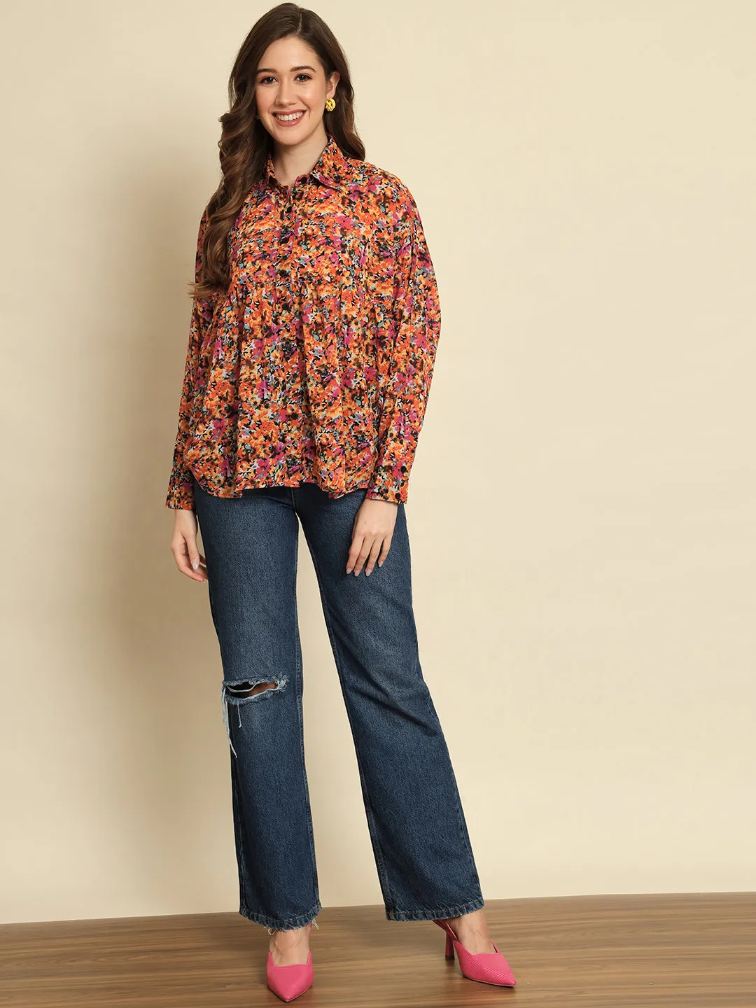 Multi Printed Shirt Style Boxy Top