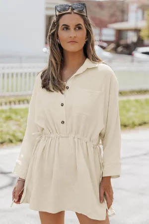 Neutral Tone Buttoned Long Sleeve Collared Mini Dress